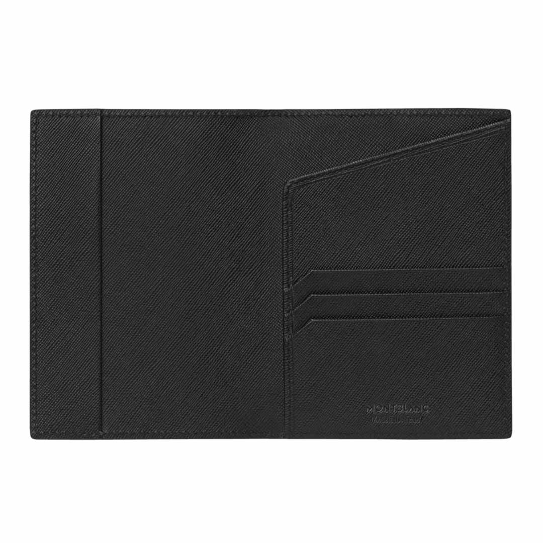 The Montblanc Sartorial Black Leather Passport Holder, crafted from fine Italian calfskin, features a sleek design with three card slots on the right side and clean stitching, complete with the Montblanc emblem subtly embossed in the lower right corner.