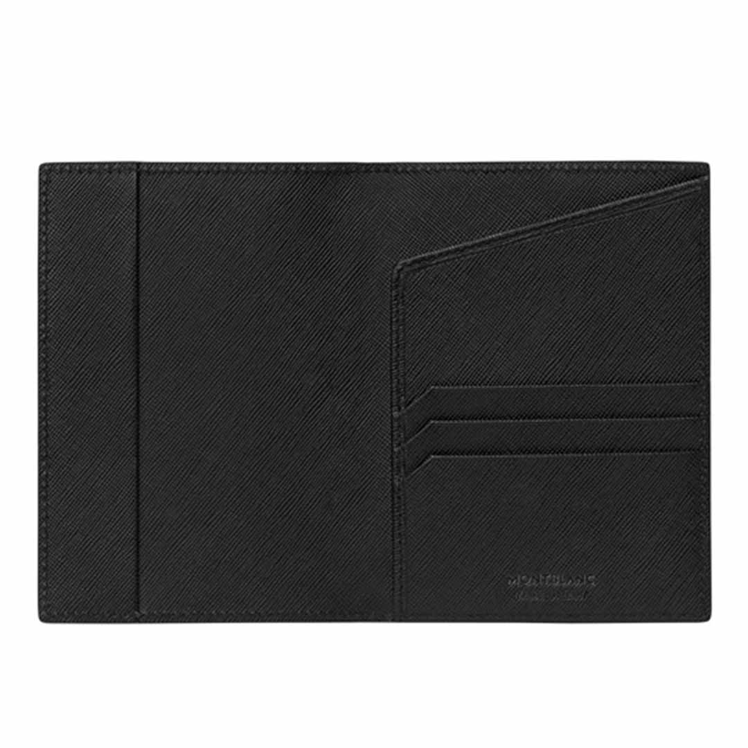 The Montblanc Sartorial Black Leather Passport Holder, made from Italian calfskin, showcases a sleek design with subtle stitching. It includes three card slots and features the brand name embossed at the bottom right corner. Its smooth, refined texture is enhanced by the distinguished Montblanc emblem.
