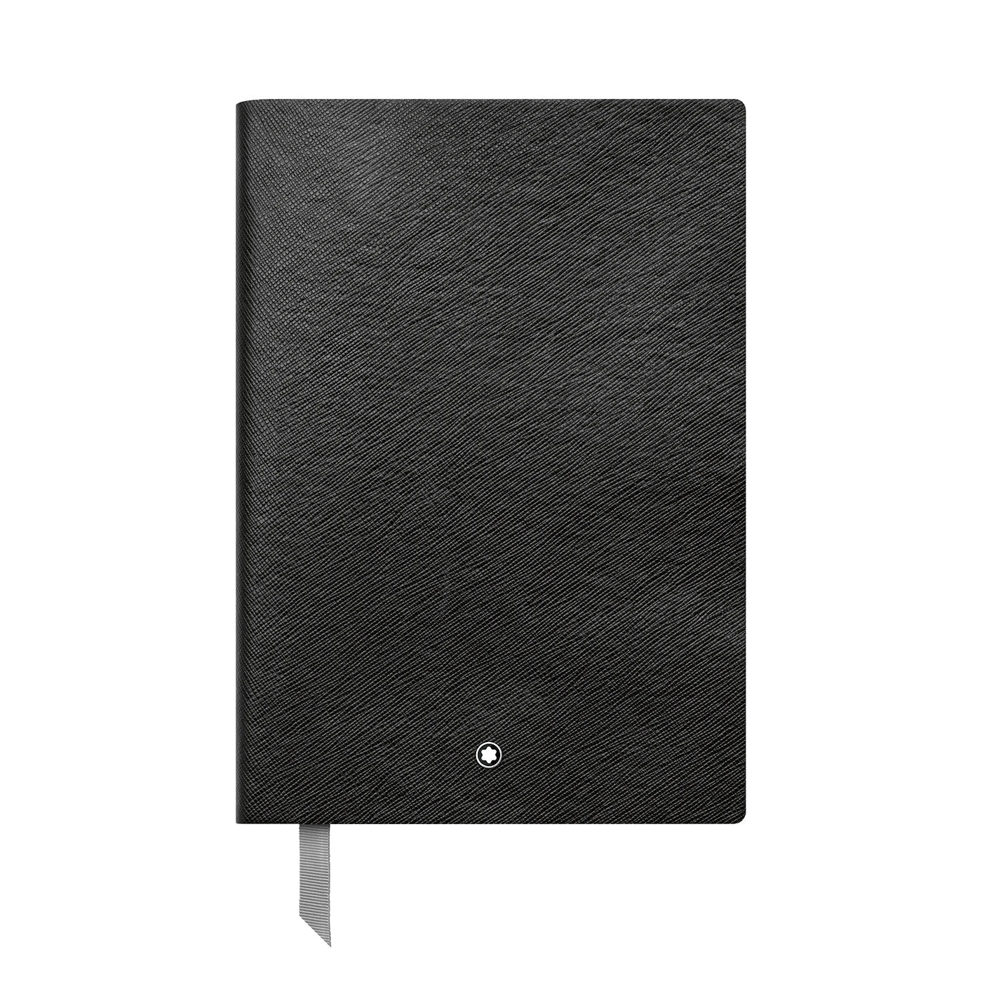 The Montblanc Fine Stationery Black Lined #146 Notebook features a closed saffiano leather cover with a textured surface, rounded edges, and the iconic Montblanc emblem. A gray ribbon bookmark is visible at the bottom.