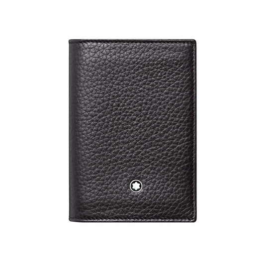 The Montblanc Meisterstück Soft Grain Black Leather Card Holder is made from full-grain cowhide leather, showcasing a textured finish and adorned with a small white circular emblem near the bottom center.