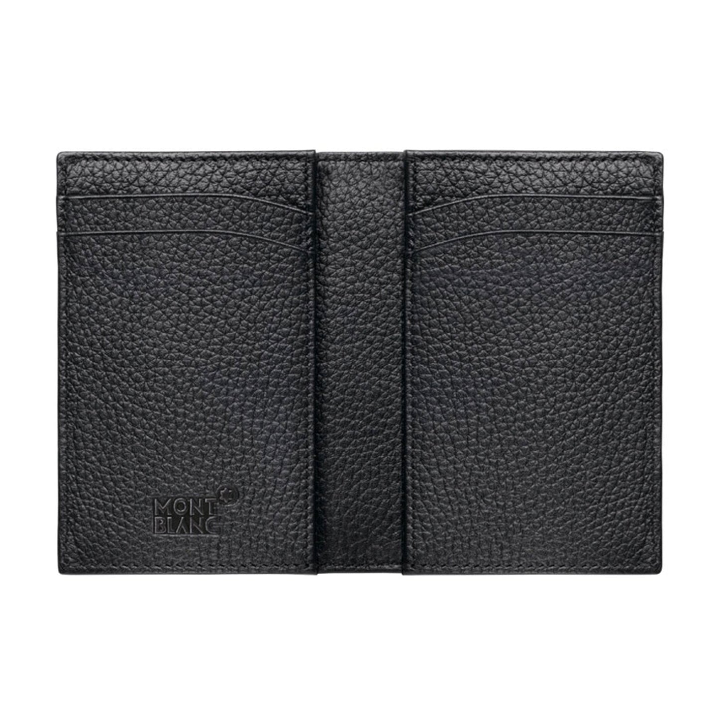 A sleek Montblanc Meisterstück Soft Grain Black Leather Card Holder, crafted from full-grain cowhide leather. It features multiple credit card slots and displays the iconic Montblanc logo embossed in the bottom left corner, radiating both sturdiness and elegance.