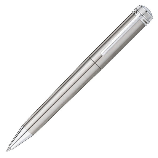 A sleek Montblanc Meisterstück Heritage Collection 1912 silver ballpoint pen, with a shiny metallic finish, features a cylindrical stainless steel body and a clip on its cap, positioned diagonally against a plain white background.