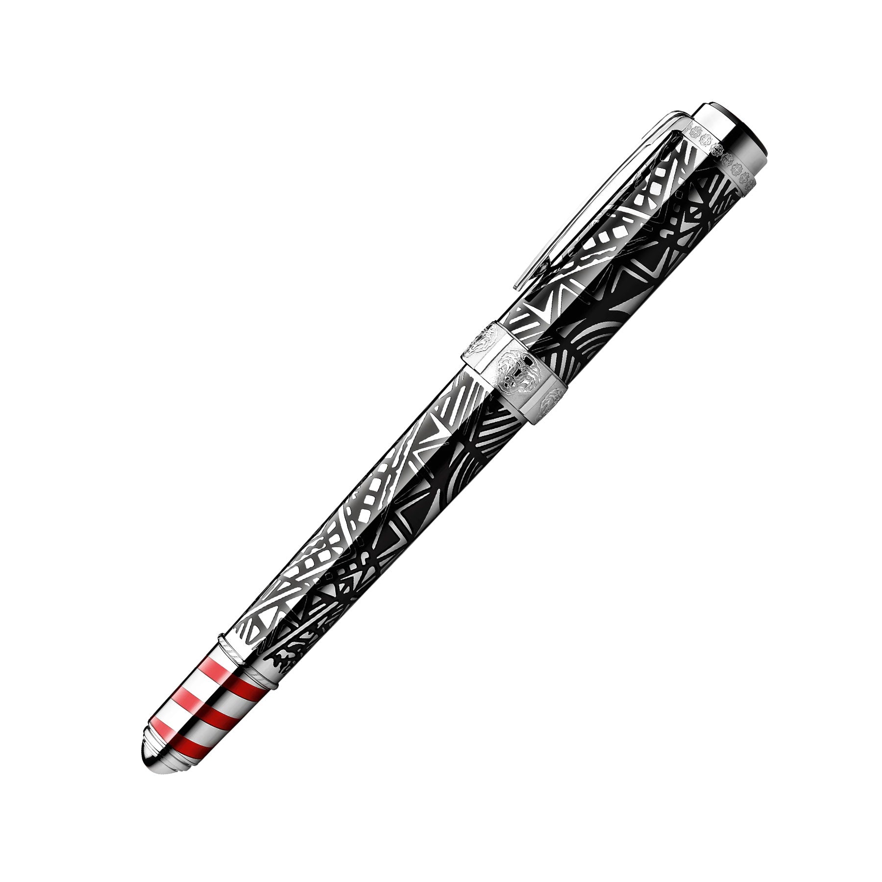 Drawing inspiration from the elegance of Peggy Guggenheim, the Montblanc Peggy Guggenheim Limited Edition 4810 Fountain Pen presents a distinct black and silver geometric pattern. It is adorned with red and white stripes near the tip and a silver clip at the top, echoing the artistic treasures of Venice.