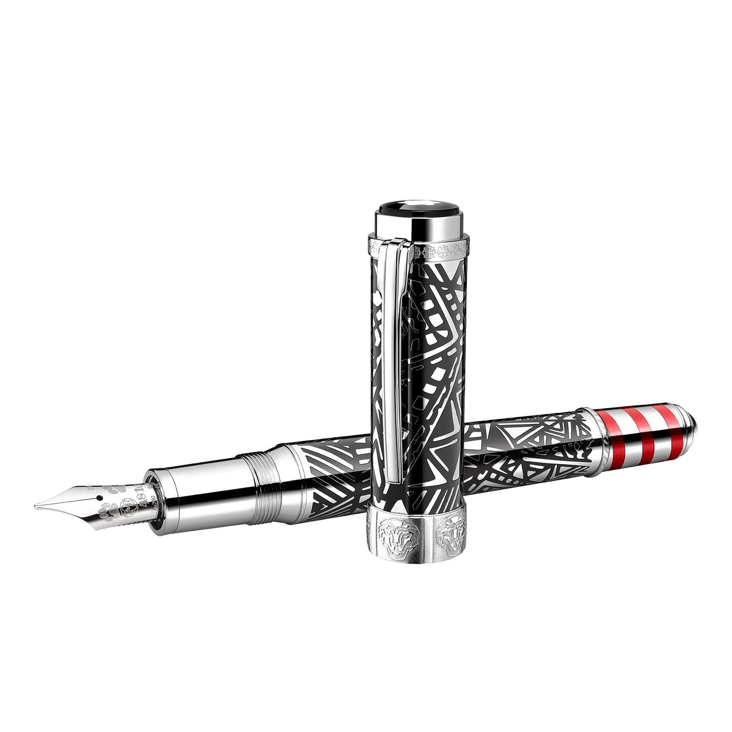The Montblanc Peggy Guggenheim Limited Edition 4810 Fountain Pen is a luxurious writing instrument featuring intricate black and silver geometric designs, perfect for an art collector. Presented with the cap removed, the detailed nib is elegantly displayed, while the cap features striking red and white striped accents at the top. This pen is ideal for those with tastes as discerning as Peggy Guggenheim's in Venice.
