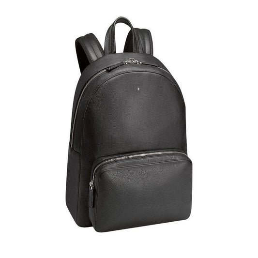 Introducing the Montblanc Meisterstück Soft Grain Black Leather Backpack, a chic accessory made from Italian full-grain cowhide. It boasts two compartments: a roomy main section and a smaller zippered pocket at the front, along with a padded pocket for enhanced protection. Adjustable shoulder straps and a small top handle add the finishing touches to this stylish bag by Montblanc.