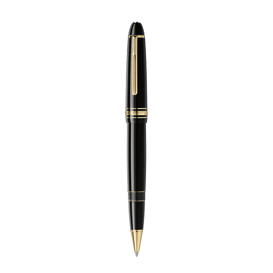 A Montblanc Meisterstück Classique Le Grande rollerball pen, made from black resin with yellow-plated accents, showcases a sleek cap with a clip. This luxury writing instrument stands upright against a white background, radiating elegance and sophistication.