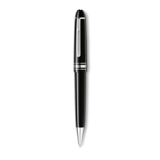 A Montblanc Meisterstück Black Resin Platinum Plated Ballpoint Pen, elegantly designed in sleek black and silver with a glossy finish, crafted from precious resin and featuring a cap with a clip.