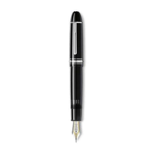 The Montblanc Meisterstück White Platinum and Black Resin Fountain Pen, showcasing a sophisticated black design with a platinum clip and elegantly gold-tipped nib, is presented vertically against a flawless white background.