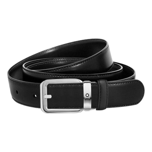The Montblanc Black Leather Belt, featuring a silver rectangular buckle, is elegantly coiled in a neat spiral. It boasts a smooth texture with visible stitch detailing along the edges.