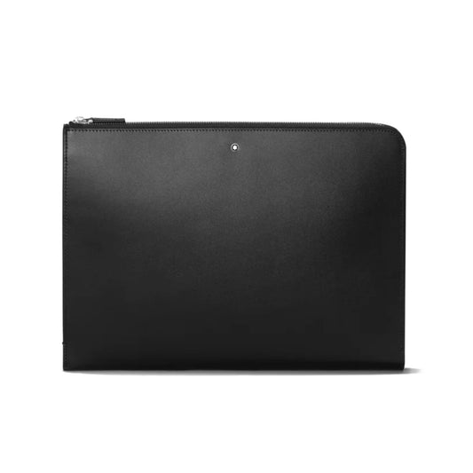 The Montblanc Meisterstück Hard Grain Black Leather Document Case showcases a minimalist design with a zippered closure along the top edge. This elegant accessory, featuring a small, discreet metal stud in the center, is set against a plain white background and perfectly balances style and functionality.