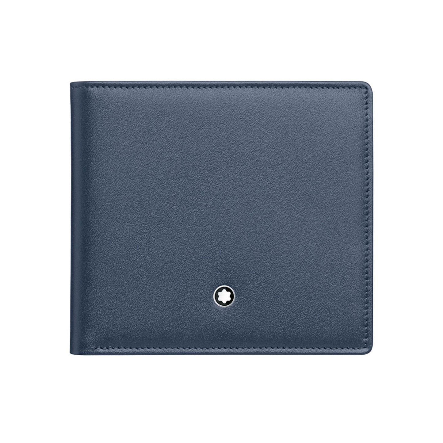 A sleek Montblanc Meisterstuck Blue Leather Wallet 8CC made from full-grain leather with a smooth texture, featuring the brand's small circular emblem in the lower front corner. The closed wallet, highlighting its minimalist design and multiple credit card slots, is set against a plain white background.