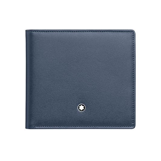 A sleek Montblanc Meisterstuck Blue Leather Wallet 8CC made from full-grain leather with a smooth texture, featuring the brand's small circular emblem in the lower front corner. The closed wallet, highlighting its minimalist design and multiple credit card slots, is set against a plain white background.