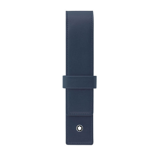 This elegant Montblanc Meisterstück Blue Leather Pen Pouch, crafted from European full-grain cowhide, features a sleek navy design with a flap closure and displays a subtle round emblem with a star design near the bottom. The pouch is showcased against a plain white background.