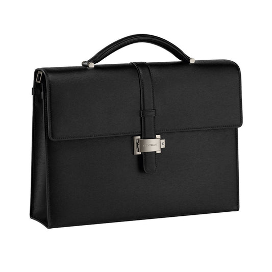 The Montblanc Black Westside Leather Briefcase is a sleek, Italian calfskin briefcase featuring a silver buckle and handle. It boasts a structured, rectangular shape with a classic, professional appearance.