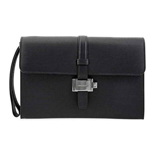 The MontBlanc Black Westside Leather Clutch with Lock, from Montblanc, is expertly crafted from black Italian calfskin. This stylish purse showcases a textured surface, complemented by a wrist strap and sleek silver-tone hardware, including a sophisticated closure on the front.