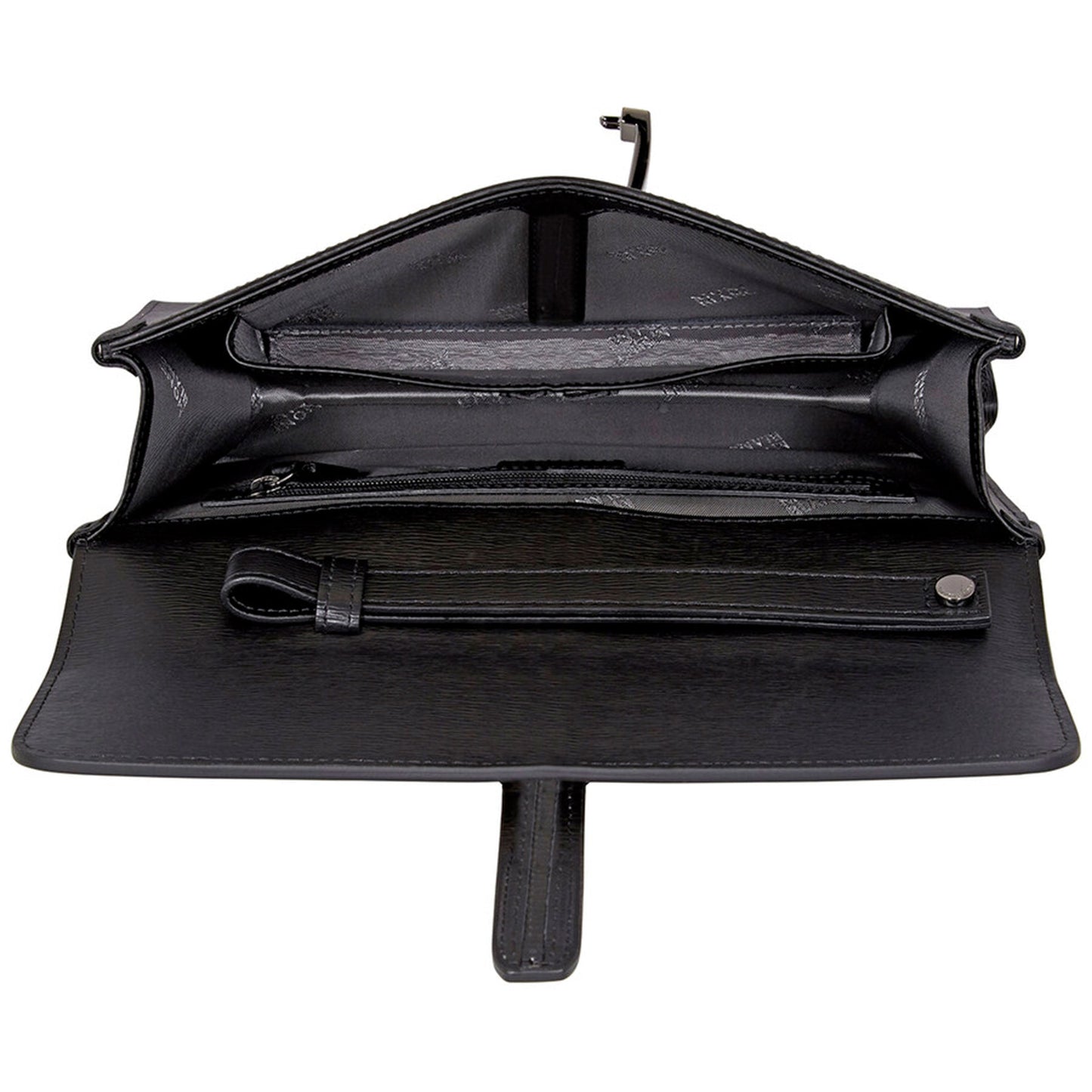 Presenting the Montblanc Black Westside Leather Clutch with Lock: meticulously crafted from luxurious Italian calfskin. This elegant piece boasts multiple compartments, including zippered pockets and card slots, as well as a detachable strap for versatile use. The interior features fabric lining with a subtle pattern, while the flap is secured with a button closure.