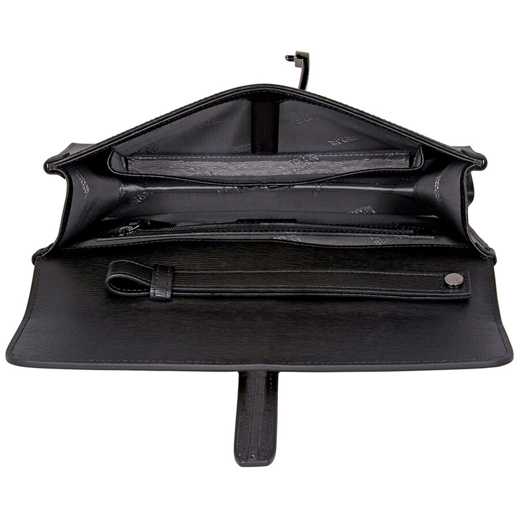 Presenting the Montblanc Black Westside Leather Clutch with Lock: meticulously crafted from luxurious Italian calfskin. This elegant piece boasts multiple compartments, including zippered pockets and card slots, as well as a detachable strap for versatile use. The interior features fabric lining with a subtle pattern, while the flap is secured with a button closure.
