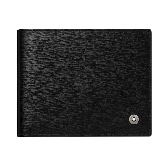 The Montblanc Westside Black Leather Wallet, expertly crafted from Italian full-grain cowhide with a refined textured surface, is shown closed against a white background. This black wallet exemplifies simplicity and elegance with its credit card slots and a subtle silver button detail at the bottom right corner.