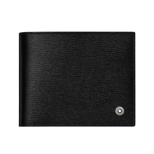 A sleek Montblanc Black Westside Leather Wallet, made from full-grain leather with a textured finish, features a small silver circular emblem in the bottom right corner, showcased against a pristine white background.