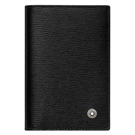 The Montblanc Black Westside Leather Business Card Holder, crafted by Montblanc from Italian full-grain cowhide, showcases a textured surface in black leather. It features a small silver emblem in the lower right corner and is displayed upright against a white background, highlighting its sophisticated design and practical credit card slots.