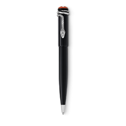 The Montblanc Heritage Collection Rouge et Noir Special Edition Ballpoint Pen boasts a sleek black design with a silver snake motif wrapped around the cap and an orange accent at the tip. Its glossy finish and silver tip embody timeless elegance.