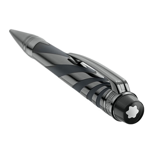 The Montblanc Starwalker Grey Resin Platinum Plated Ballpoint Pen is a sophisticated luxury writing instrument with a modern aerodynamic design. It features a glossy metallic body adorned with sleek black diagonal stripes, complemented by a silver clip and a branded cap that showcases an emblem inspired by the StarWalker Ceramics collection.