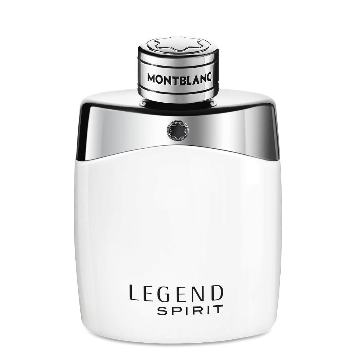 White Montblanc Legend Spirit Eau de Toilette 100 ml bottle with a silver cap and a silver shoulder piece featuring a star emblem, labeled “LEGEND SPIRIT.”