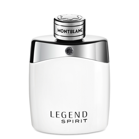 White Montblanc Legend Spirit Eau de Toilette 100 ml bottle with a silver cap and a silver shoulder piece featuring a star emblem, labeled “LEGEND SPIRIT.”
