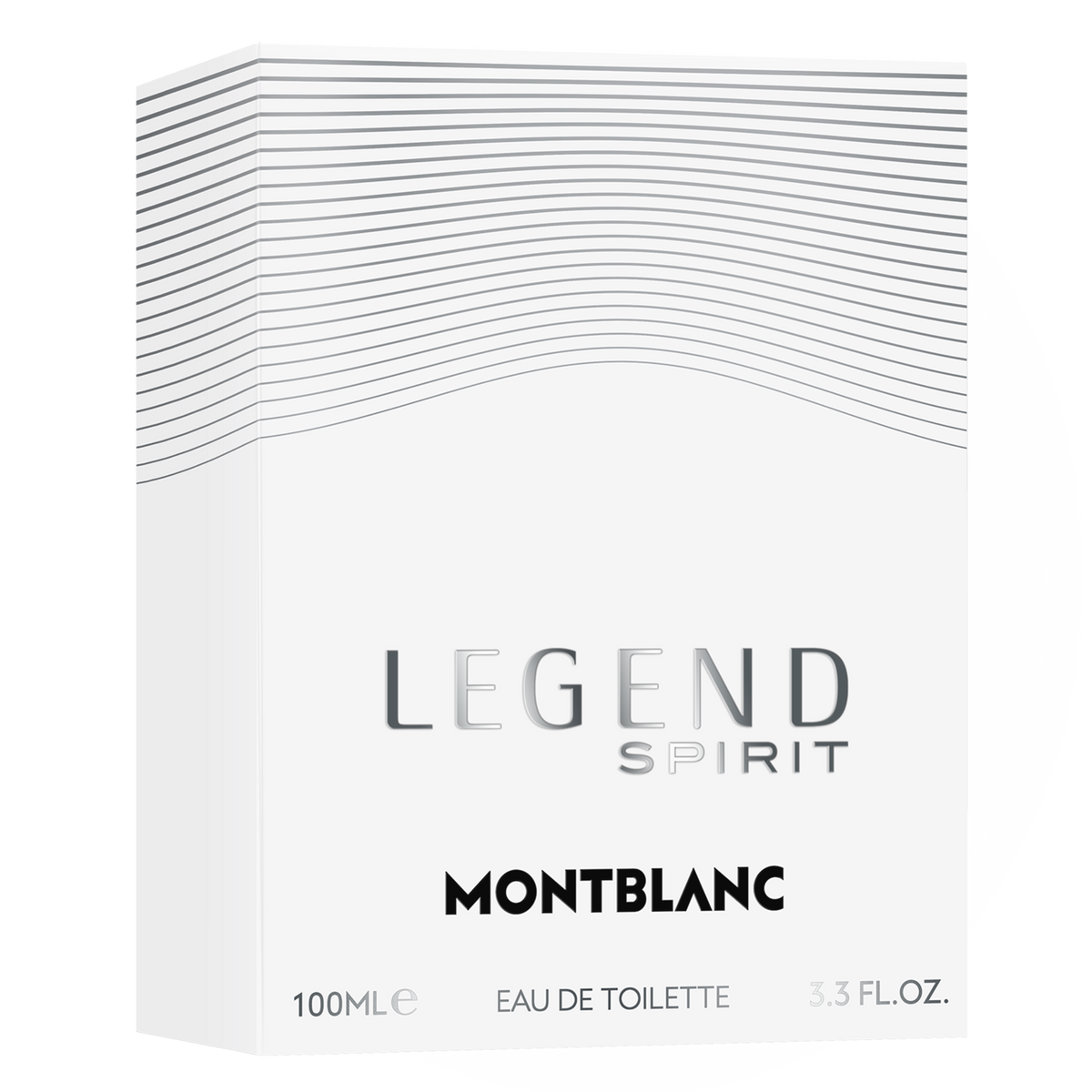 White rectangular box of Montblanc Legend Spirit Eau de Toilette 100 ml, featuring gray line art at the top, silver “LEGEND SPIRIT” text, and black “100ML e EAU DE TOILETTE 3.3 FL.OZ.” lettering at the bottom.