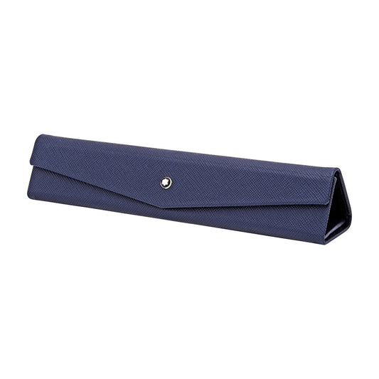 A luxury pen pouch in indigo blue, designed by Montblanc, crafted from high-quality Italian calfskin with a textured finish and featuring a convenient snap closure on the front.