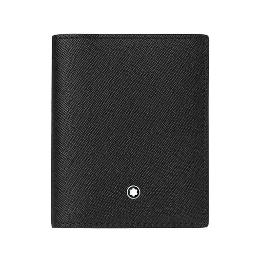 The Montblanc Sartorial Black Leather Wallet, crafted from Italian full-grain calfskin leather, showcases a textured surface adorned with a small white star emblem at the bottom center. The wallet is closed and displayed against a plain white background.