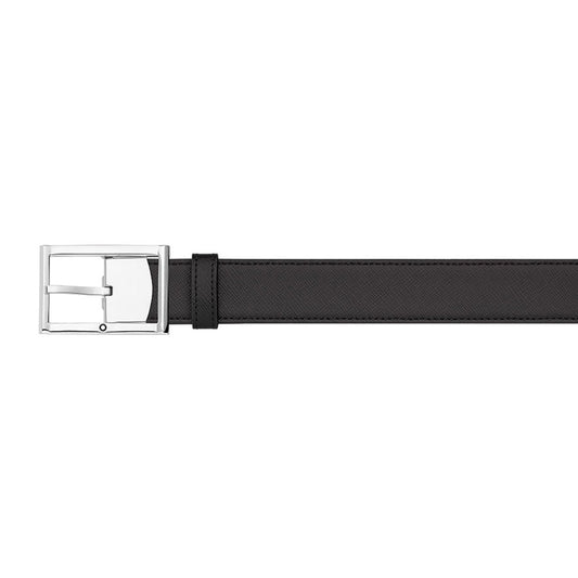 The Montblanc Reversible Black Tobacco Leather Contemporary Belt is displayed on a white background, featuring a silver rectangular buckle. Its sleek and modern design is highlighted as the belt lies flat, capturing elegance in every detail.