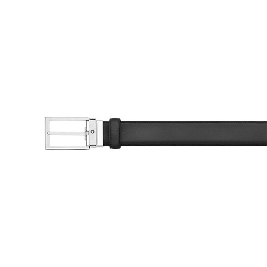 A Montblanc Grey Leather Belt with a silver rectangular buckle is displayed against a white background, neatly aligned horizontally.