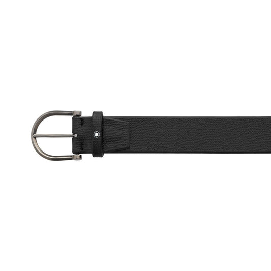 The Montblanc Black Leather Belt by Montblanc is displayed against a white background. The belt is partially rolled, showcasing its textured surface and polished finish, along with a loop for securing the end.