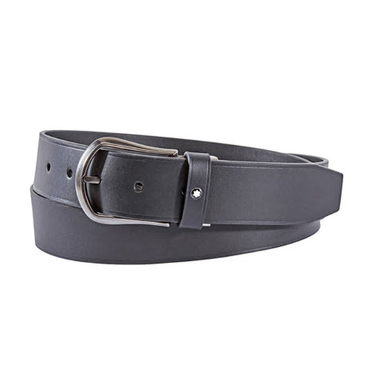 The Montblanc Black Leather Belt, crafted from supple black leather with a sleek silver buckle, is coiled in a neat circle. It features multiple holes for size adjustment and includes a single loop to secure the end.