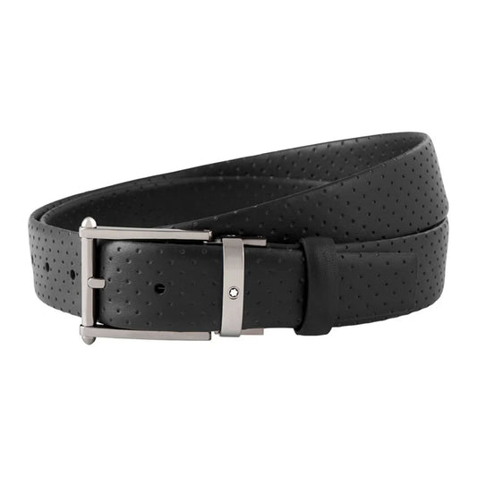 The Montblanc Contemporary Line Black Leather Belt, featuring a silver buckle and a subtle perforated pattern along the strap, elegantly coiled with understated style.