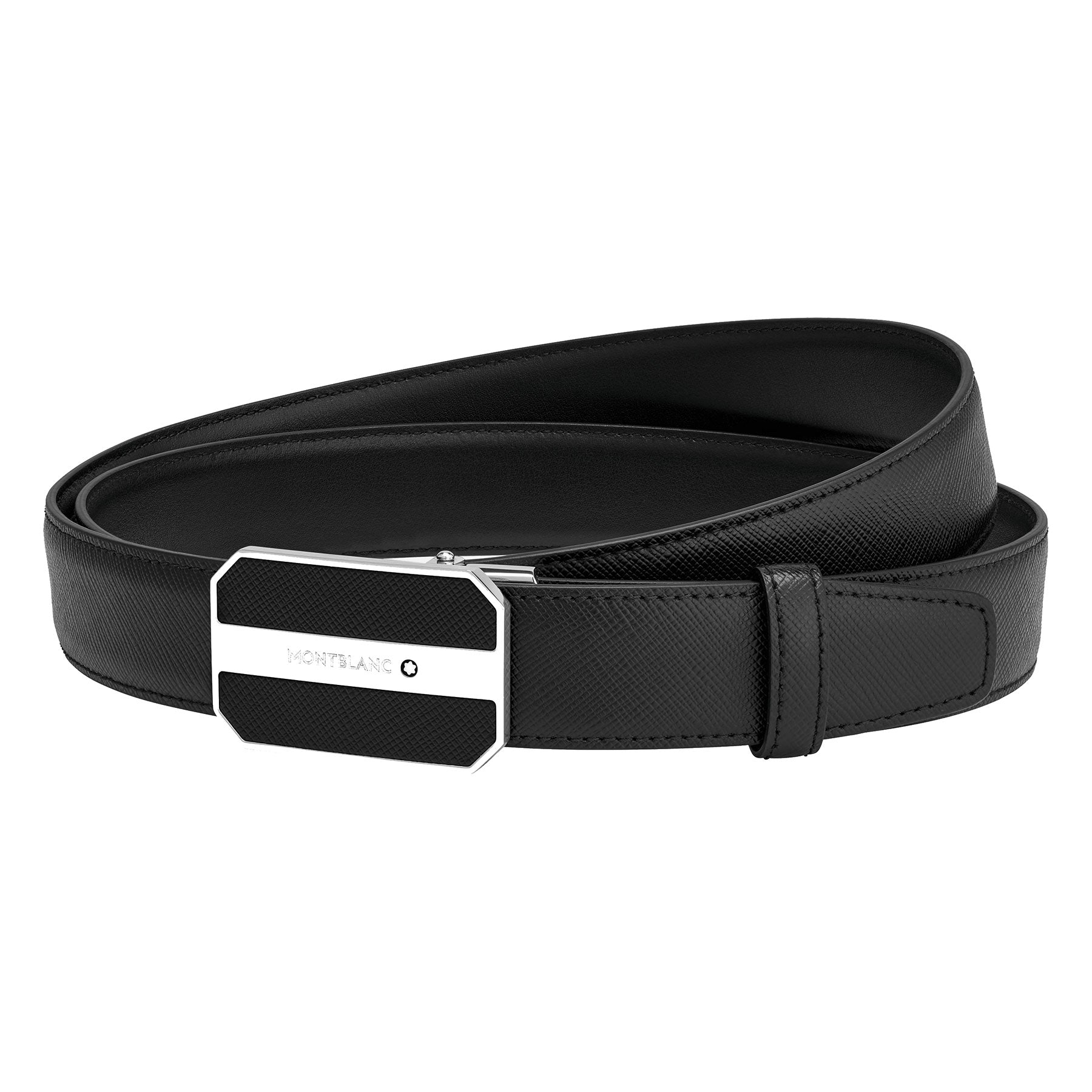 The Montblanc Business Leather Belt, crafted from black Saffiano leather, features a rectangular silver buckle adorned with the Montblanc logo. This elegant accessory is artfully coiled in a spiral, emphasizing its sleek design and smooth texture against a white background.