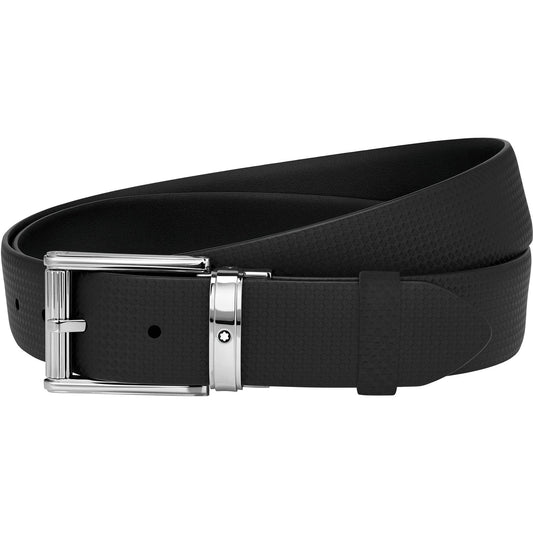 A Montblanc Cut-To-Size Black Printed Leather Belt featuring a shiny ruthenium-coated pin buckle, coiled to display its textured strap.