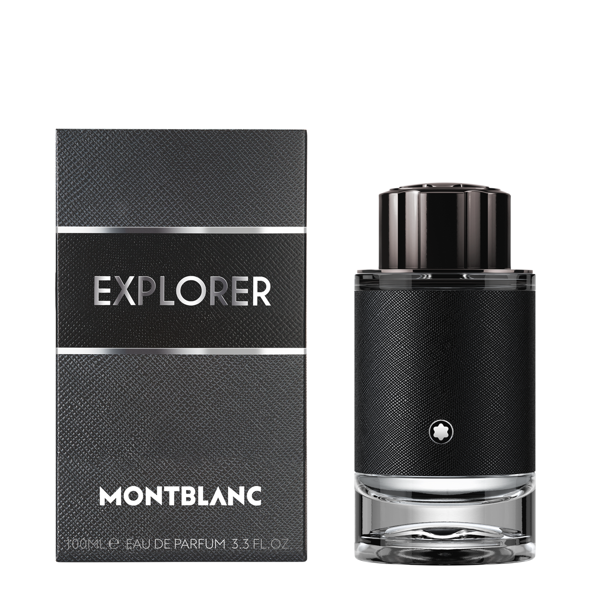 Black textured Montblanc Explorer Eau de Parfum 100 ml box and matching cylindrical glass bottle with a black cap.