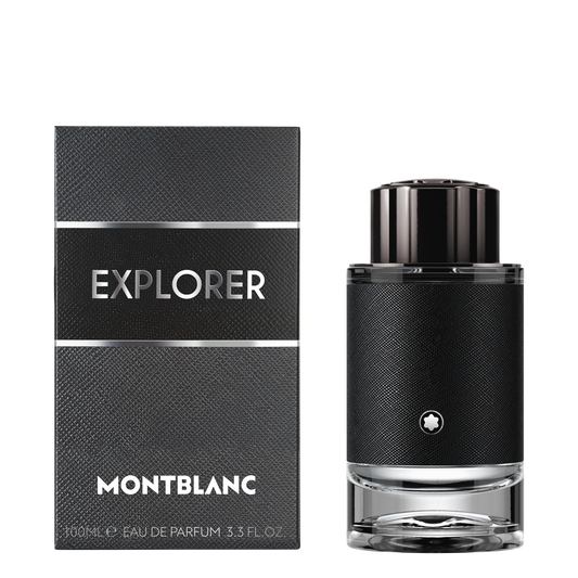 Black textured Montblanc Explorer Eau de Parfum 100 ml box and matching cylindrical glass bottle with a black cap.