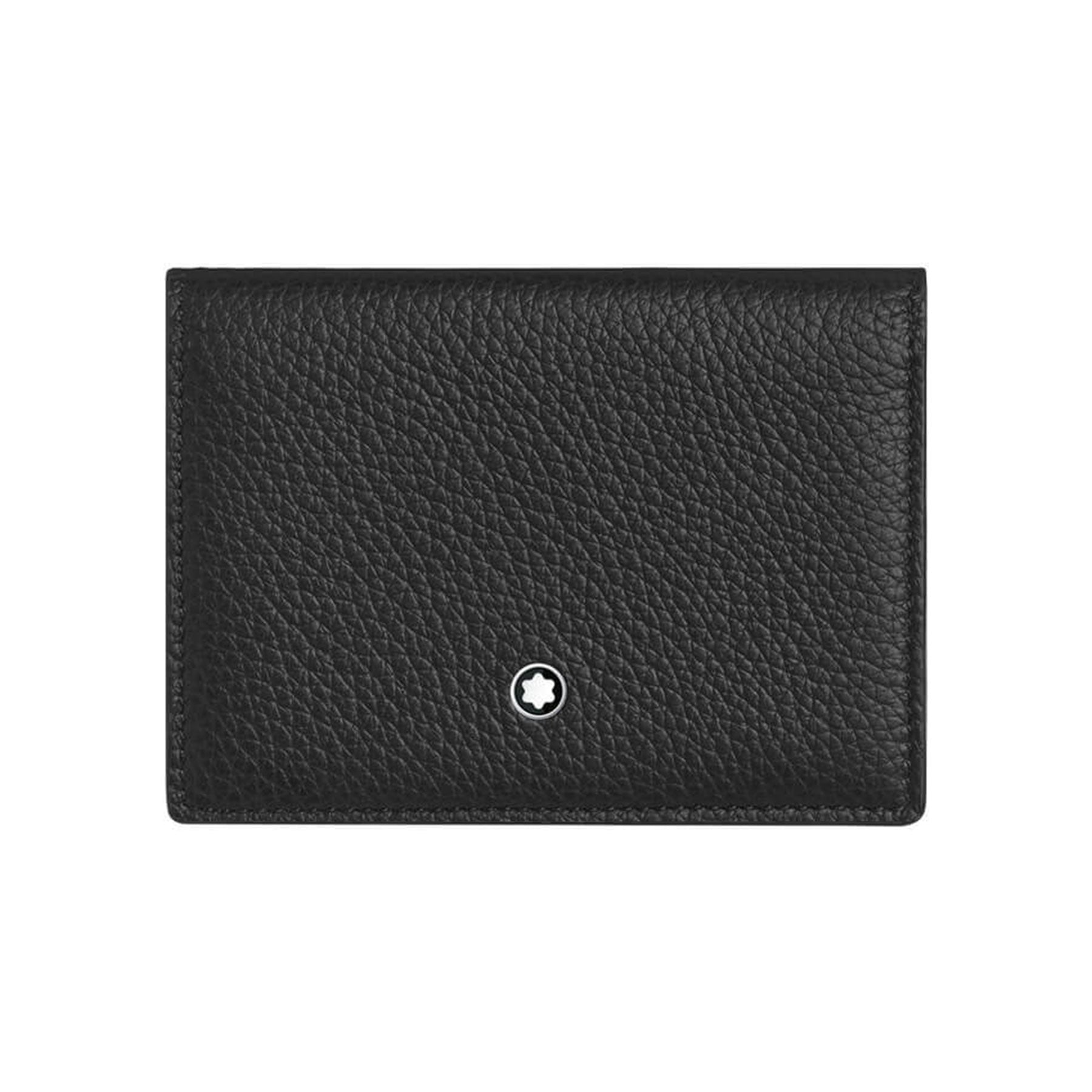 Displayed against a white background is a Montblanc Meisterstück Leather Business Card Holder made from black full-grain calfskin leather with a textured surface. It includes a small circular emblem showcasing the brand's white star logo at the center. Its minimalistic and elegant design enhances sophistication, typical of Montblanc products.