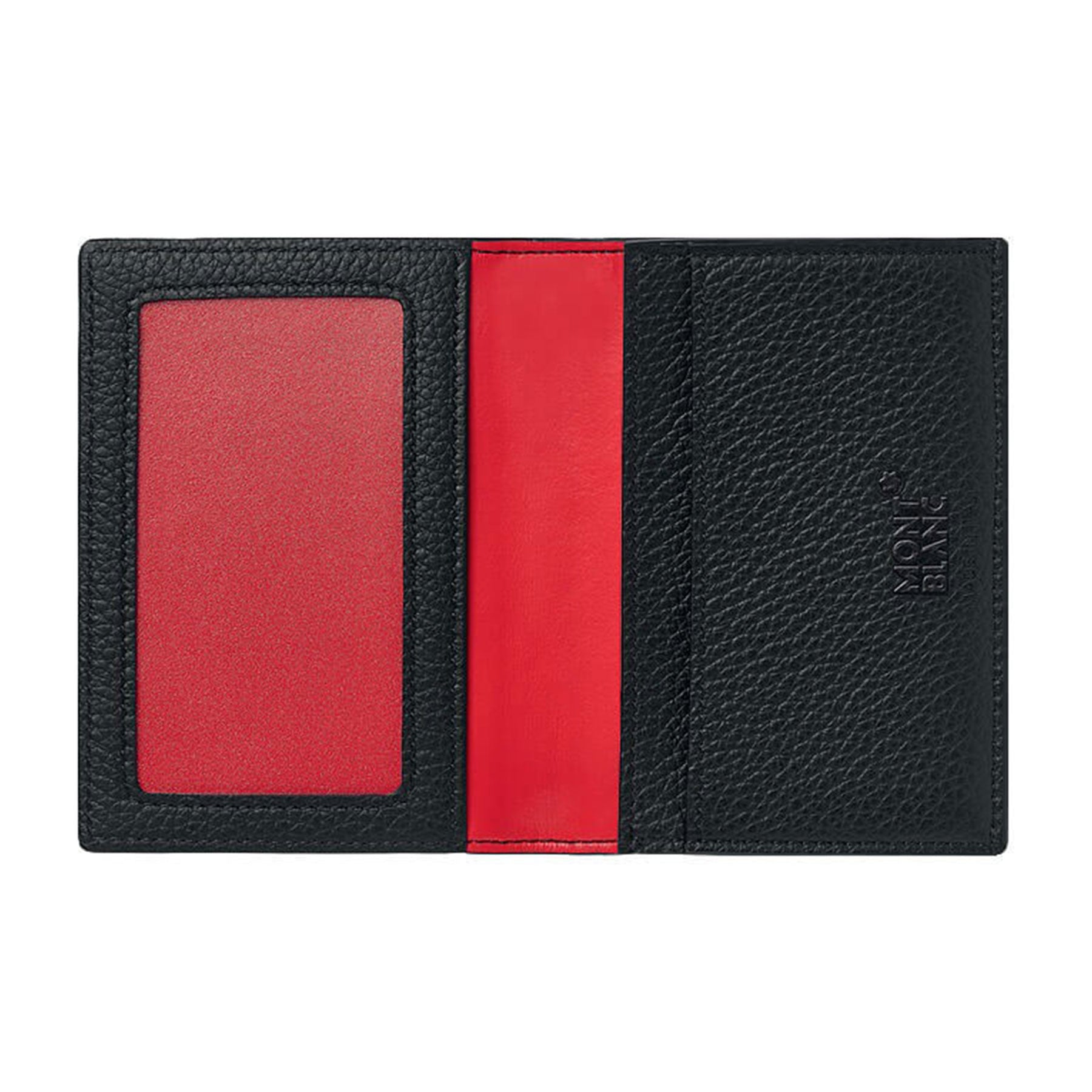The Montblanc Meisterstuck Leather Business Card Holder by Montblanc is an open accessory crafted from black full-grain calfskin leather. It features a stunning red interior, a transparent window on the left, and textured leather embossed with "Mont Blanc" on the right side.