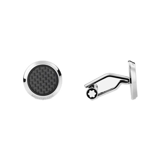 A pair of Montblanc Carbon Pattern Stainless Steel Cufflinks features a design with black textured centers. One cufflink is shown face up, highlighting its circular appearance, while the other displays the elegant fastening mechanism from a side perspective.