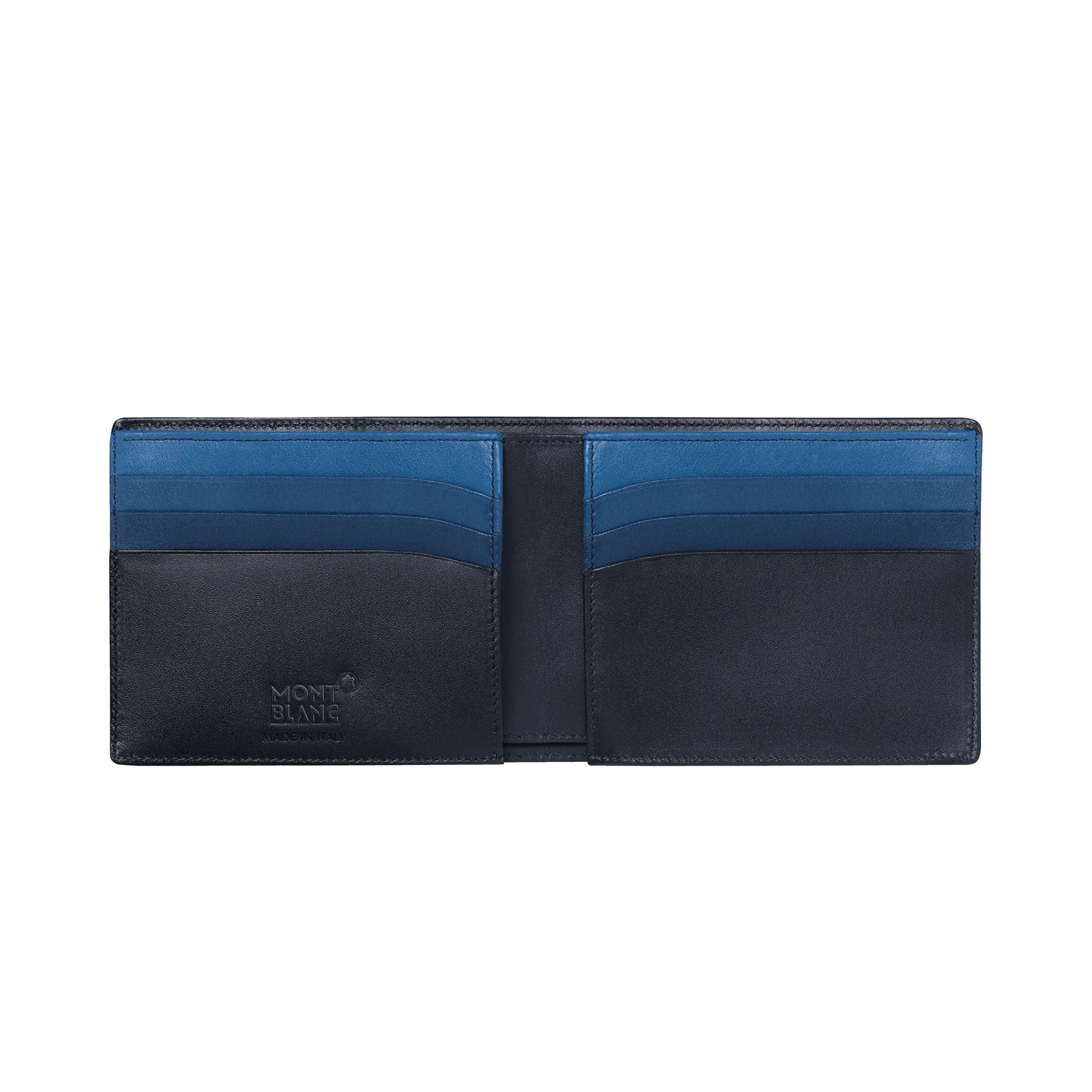 The Montblanc Meisterstück Leather Wallet 6cc showcases a sophisticated black leather exterior accented with blue leather details. When opened, it reveals several card slots lining both sides, with the Montblanc logo embossed on the left. The interior is meticulously arranged to elegantly accommodate essential items.