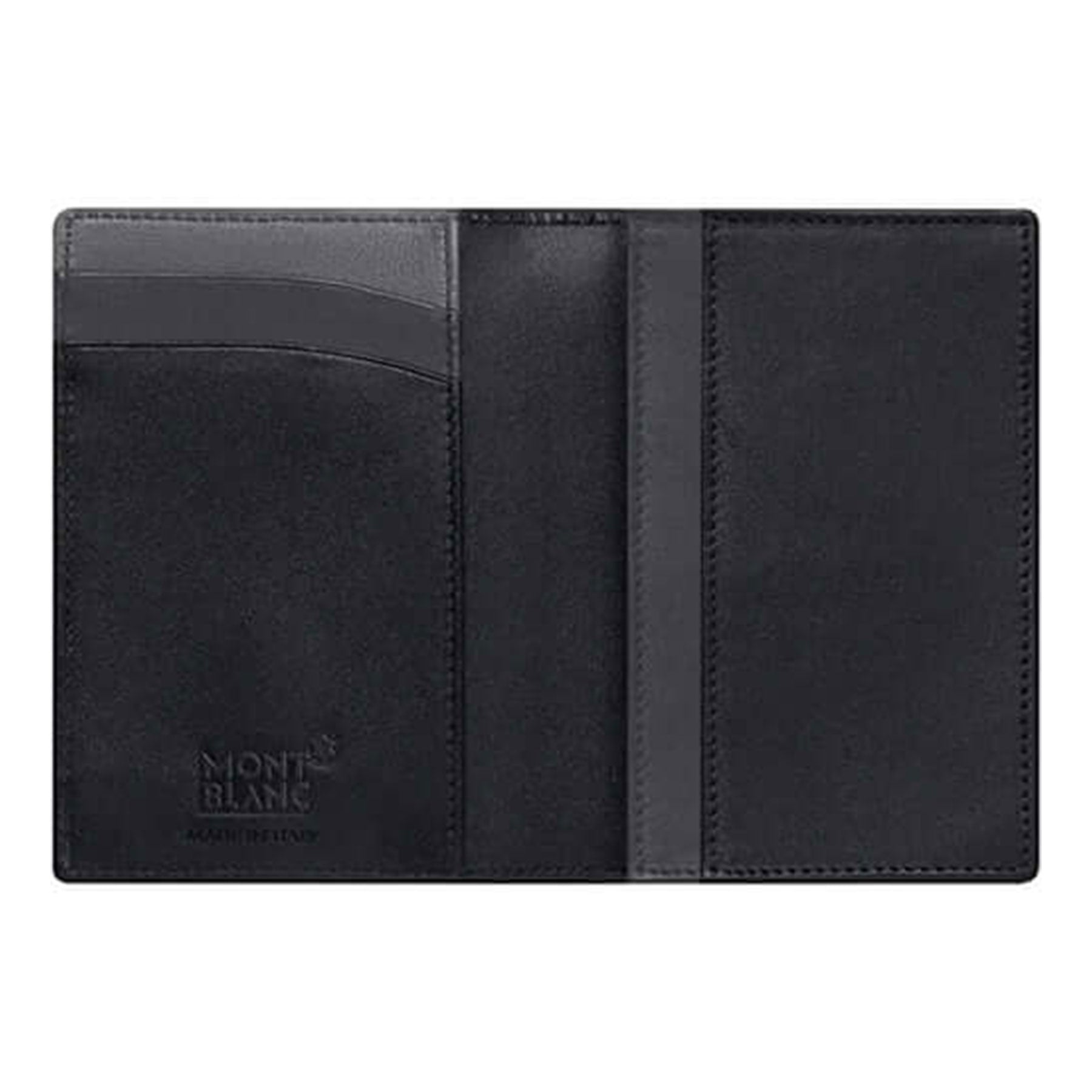 A Montblanc Meisterstuck Leather Business Card Holder, crafted from black leather, offers a compact yet efficient design with multiple slots for credit cards and business cards. It is open to reveal its refined interior, featuring the Montblanc logo embossed on the bottom left corner. The card holder exudes a sleek and minimalist aesthetic.
