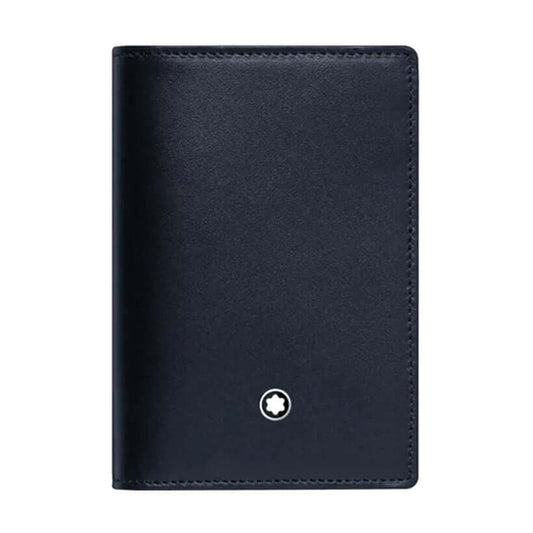 The Montblanc Meisterstuck Leather Business Card Holder is crafted in sleek black leather, featuring a small white star emblem on the front for added elegance. Its compact design facilitates easy portability while offering ample space to efficiently organize your essentials.