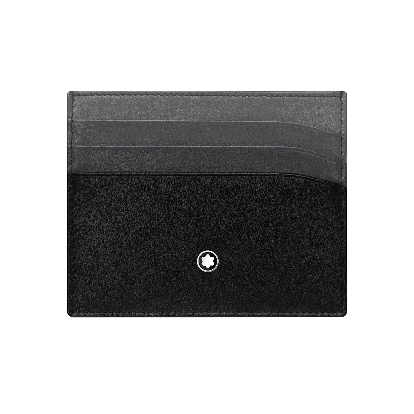 The Montblanc Meisterstuck Pocket 6cc Leather Card Holder is a chic accessory, featuring three compact grey card slots on top and a small silver Montblanc emblem centered at the bottom of the sleek black design.