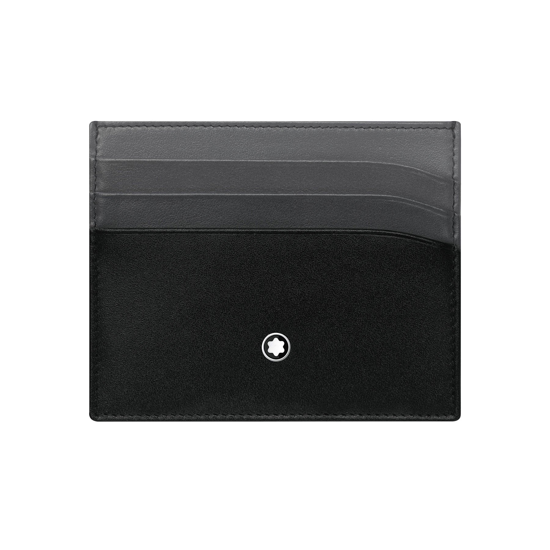 The Montblanc Meisterstuck Pocket 6cc Leather Card Holder is a chic accessory, featuring three compact grey card slots on top and a small silver Montblanc emblem centered at the bottom of the sleek black design.