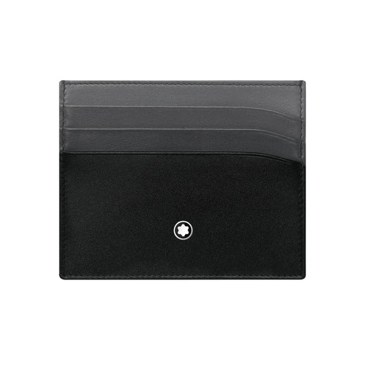 The Montblanc Meisterstuck Pocket 6cc Leather Card Holder is a chic accessory, featuring three compact grey card slots on top and a small silver Montblanc emblem centered at the bottom of the sleek black design.