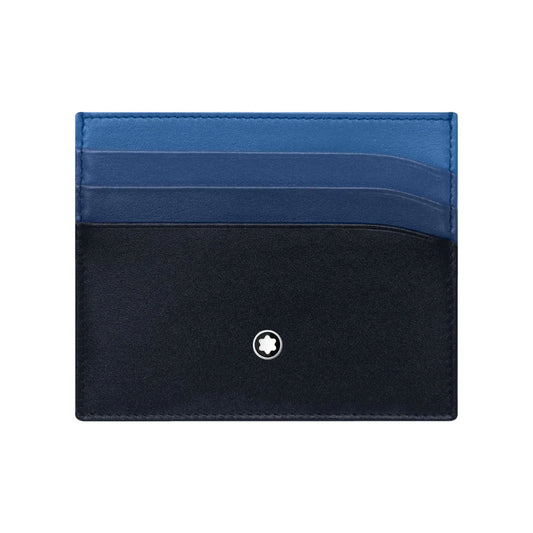 The Montblanc Meisterstück Pocket 6cc Leather Card Holder is a sleek, rectangular accessory featuring three shades of blue at the top and a dark gray bottom. It is lightweight and designed with four credit card slots, along with a small round white Montblanc logo near the base.